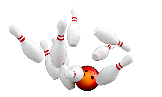 ball hitting bowling pins isolated on white. 3d render