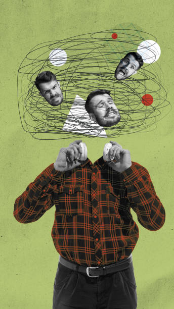 istock Dissociative identity disorder, representing multiplicity of self. Man with multiple heads in a chaotic swirl above his body, symbolizing confusion or varied mental states. 1941948196