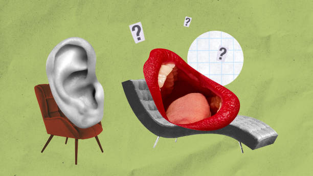 istock Healthcare poster emphasizing the importance of asking for help when dealing with mental health issues. Female mouth and human ear. Visiting psychologist 1941948207