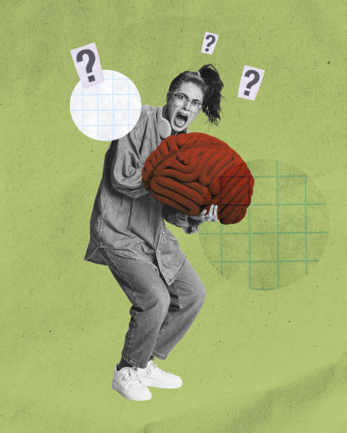 Woman holding large brain, surrounded by question marks, depicting confusion or a complex thought process. Shock, stress and mental instability