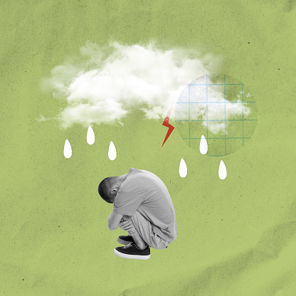 Person sitting over under storm cloud with raindrops and lightning, depicting emotional, mental distress. Emotional struggles and resilience. Concept of feelings, inner world, psychology, depression