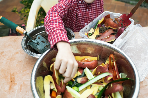 Boy making compost at back yard. Sustainable lifestyle and zero waste cooking concept.