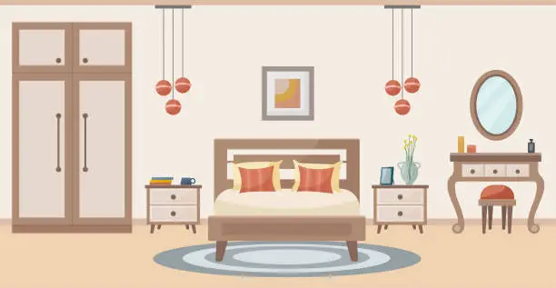 Vector illustration of Cozy bedroom. Bedroom interior: bed, dressing table with chair, carpet, potted plants, wardrobe, painting above the bed. Interior concept. Vector flat illustration.