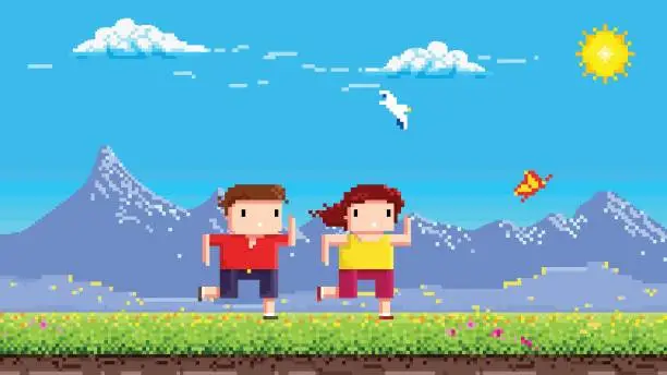 Vector illustration of Pixel Characters on Scene running