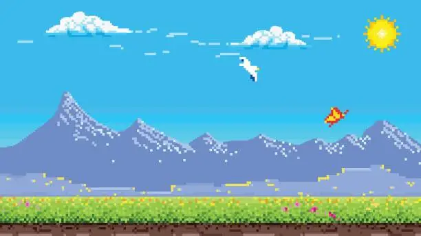 Vector illustration of Pixel art background with sky and mountain
