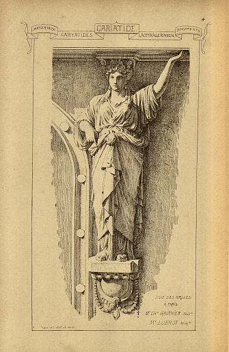 Vintage illustration Architectural support, Caryatid, sculpted female figure, History of architecture, decoration and design, art, French, Victorian, 19th Century. A caryatid is a sculpted figure serving as an architectural support taking the place of a column or a pillar supporting an entablature on her head.