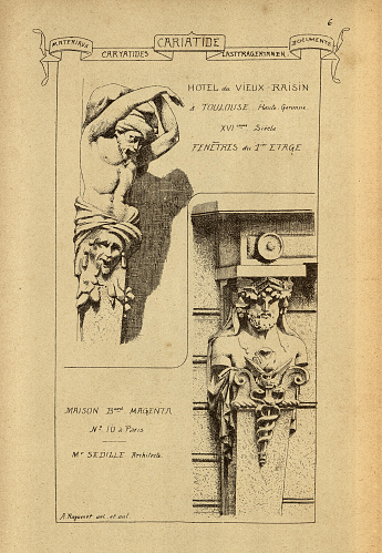 Vintage illustration Architectural support, Caryatid, sculpted male figure, History of architecture, decoration and design, art, French, Victorian, 19th Century. A caryatid is a sculpted figure serving as an architectural support taking the place of a column or a pillar supporting an entablature on her head.