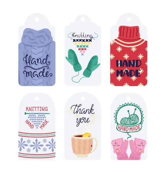 Vector illustration of Set of six craft-themed tags with cozy knitting and handmade elements. Cute tags with sweater, mittens, cup, yarn, and craft labels. Crafts and hobbies vector illustration