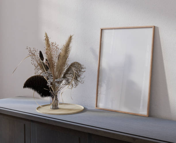 istock Mockup frame, poster empty in home design, farmhouse bohemian element mockup interior, 3d rendering. 1941984952