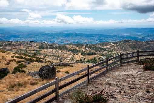 View of the Serra da Estrela Natural Park from a wooden railing in Portugal