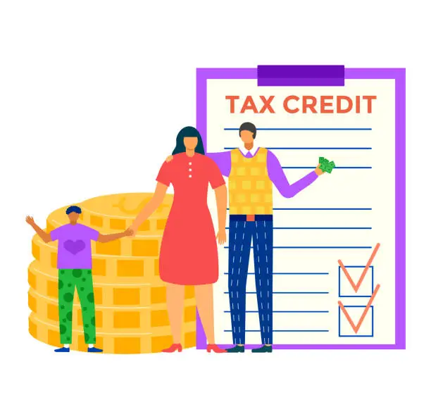 Vector illustration of Family with coins stack and tax credit checklist. Financial planning, parents with child saving money. Tax deductions concept vector illustration