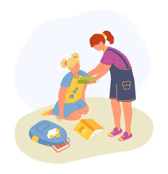 Vector illustration of Young girl giving school lunch to sad friend, children with backpack and book. Friendship and primary school education vector illustration