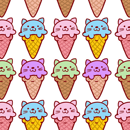 Cute colorful cat ice cream seamless pattern.  Can be used for fabric, textile, kids and women apparel, wallpaper, wrapping paper, cards.