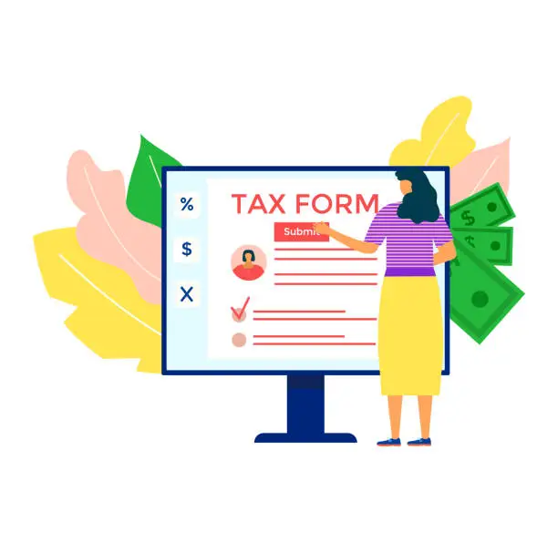 Vector illustration of Woman filing electronic tax form on computer screen, holding cash, digital tax payment concept. Online finance management, e-taxation vector illustration