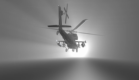 Taking off for a new mission, the fighter helicopter is heading towards the sunrise. / You can see the animation movie of this image from my iStock video portfolio. Video number: 1935364643
