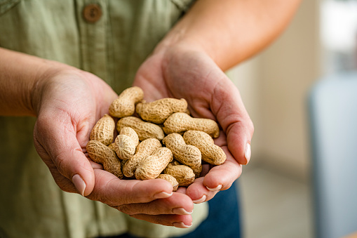 Close up of woman's hands holding organic peanuts. High resolution 42Mp studio digital capture taken with Sony A7rII and Sony FE 90mm f2.8 macro G OSS lens