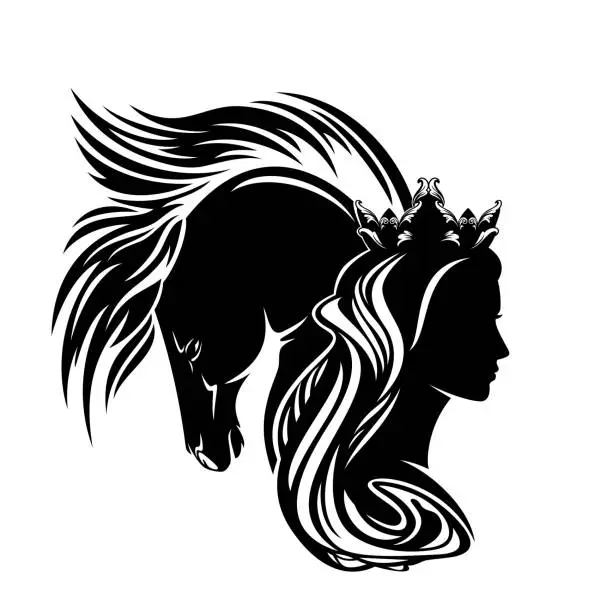 Vector illustration of black vector silhouette portrait of fairy tale princess with long mane horse