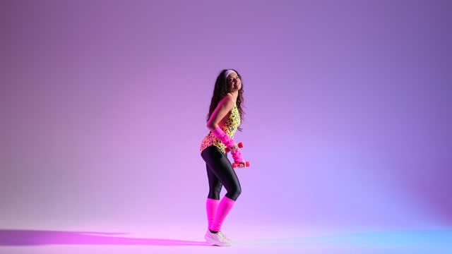 80s Girl Using Dumbbell for Aerobics Sport over purple background