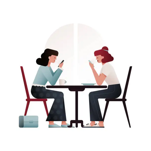 Vector illustration of Two Young Female Sitting Next to Each Other in Cafe Using Own Smartphones While Expecting Meal on Isolated Background. Fashion Girls Concept. Website Template. Landing Page.