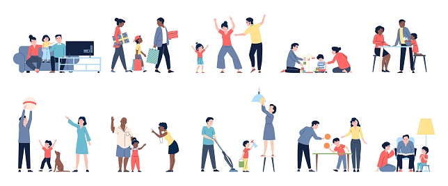 Family activities at home and outside. Parents and child watch tv, play ping pong and ball, dancing and doing cleaning. Recent vector characters of family activity happy illustration