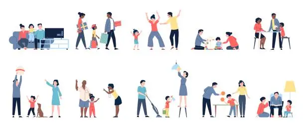 Vector illustration of Family activities at home and outside. Parents and child watch tv, play ping pong and ball, dancing and doing cleaning. Recent vector characters