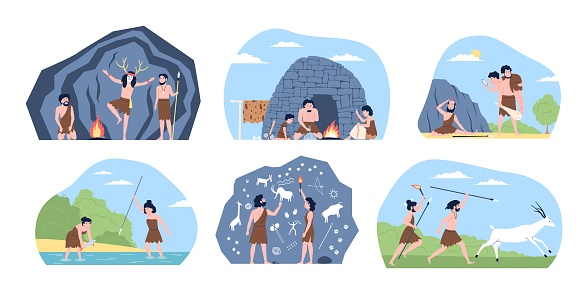 Prehistoric life scenes. Flat caveman friends and families. Neanderthal homo sapiens, hunters, male and female characters. Ancient recent vector set of prehistoric neanderthal isolated illustration