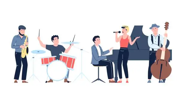 Vector illustration of Jazz band concert. Young female singer and musicians. People play piano, cello, saxophone and drums. Live music entertainment recent vector scene