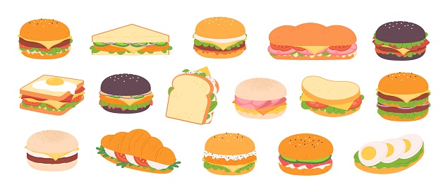 Different sandwiches and burgers. Fast food tasty elements, bar r restaurant menu. Sandwich with bacon, cheese, sauce and vegetables, racy vector set of sandwich food tasty, hamburger illustration