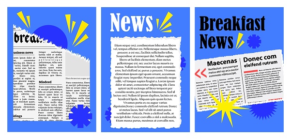 Retro collage from newspaper clippings. Torn newspaper with geometric elements. Morning news, newspaper. A set of collages for banners, postcards, etc. Vector illustration.