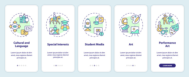 2D icons representing types of extracurricular activities mobile app screen set. Walkthrough 5 steps colorful graphic instructions with thin line icons concept, UI, UX, GUI template.