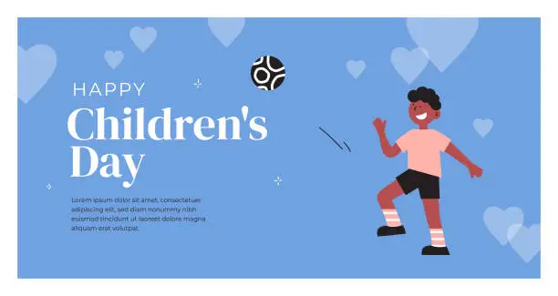 Vector illustration of Happy Children's day, childhood, kid leisure activity vector illustration with young soccer boy playing football kicking ball