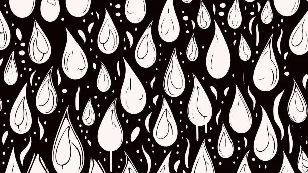 Vector illustration of Water and bad weather theme. Vector illustration. Hand drawn drop pattern. Rainbow. Seamless rain drops pattern background. Vector background. Rain and water drops Seamless vector EPS 10 pattern.