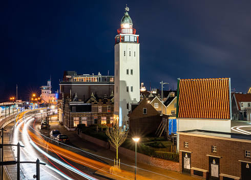 Cityscape of Harlingen, view of the Lighthouse in the evening