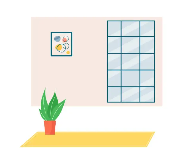 Vector illustration of Indoor plant in pot on yellow rug, modern room with abstract painting and large window, geometric style. Home decor and minimalist interior vector illustration