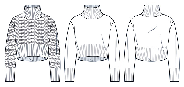 Roll Neck Sweater technical fashion illustration. Cropped Sweater fashion flat technical drawing template, roll neck, long sleeve, relaxed fit, front and back view, white, women, men, unisex Top CAD mockup set.