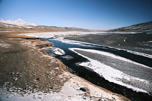 Naryn river valley in sunny winter day