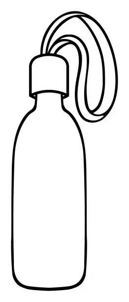 Vector illustration of Bottle for water. Sketch. Reusable liquid container with strap and lid. Plastic sports accessory.