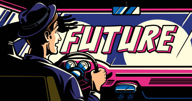człowiek za kierownicą samochodu, zmierzający ku świetlanej przyszłości, pop art - driving steering wheel human hand wheel stock illustrations