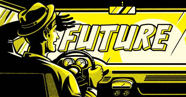 Vector illustration of Man behind the wheel of a car, moving toward a bright future, Pop Art