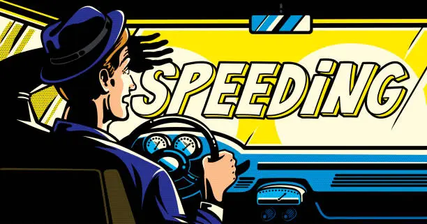 Vector illustration of Man behind the wheel of a car, speeding Pop Art