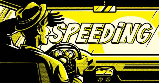 Vector illustration of Man behind the wheel of a car, speeding Pop Art