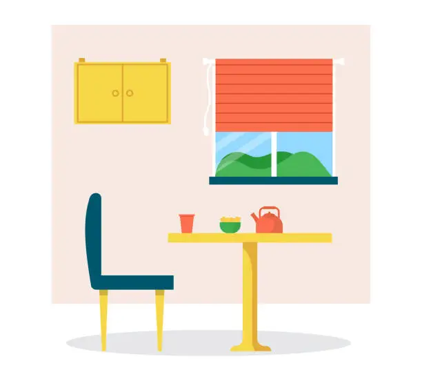 Vector illustration of Kitchen interior with table, chair, and window with mountain view. Breakfast setup with kettle and bowl. Cozy modern dining area vector illustration