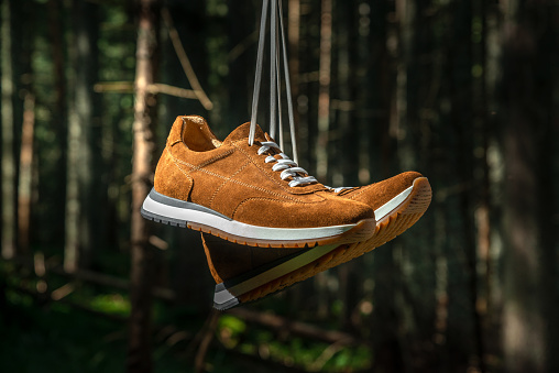 A pair of suede sneakers hanging in front of a forest background.