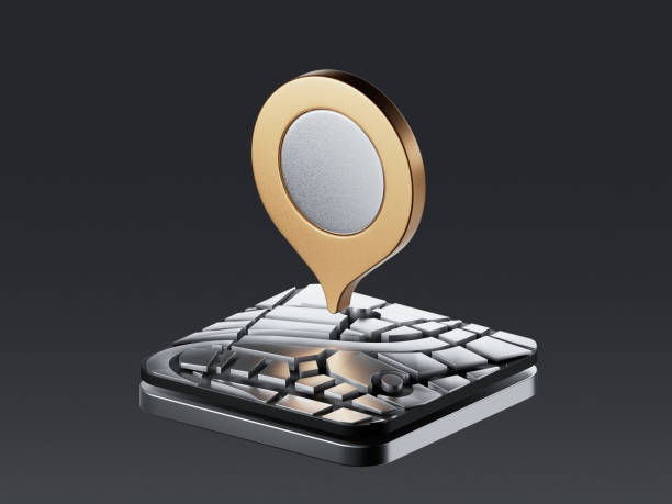 3D Location Folded Paper Map, Search Bar and Pin Isolated. Blue GPS Pointer Marker Icon. GPS and Navigation Symbol. Metal gold texture