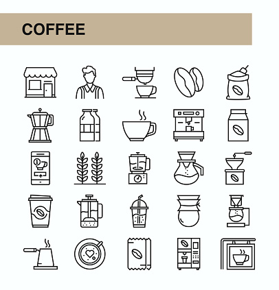 All types of coffee that should be in the coffee area. People's morning routine, pleasure time. Coffee and all ingredients used in coffee making icon. 32px work, simple and stylish.