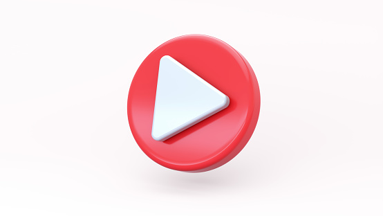 Red Play Button Icon on Soft White Studio Background. Video Play Icon, Social Media, Media Player Sign, Video Player, Streaming, Live Stream. Multimedia Concept. Cartoon Minimal Style. 3D Render.