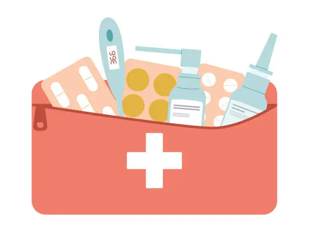 Vector illustration of First aid kit with pills, medicines and thermometer. Flat vector illustration