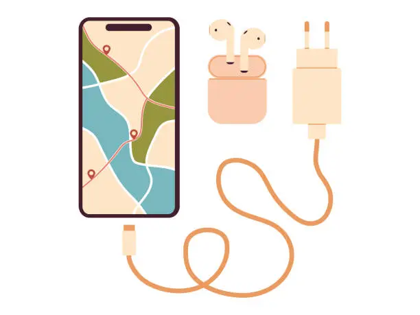 Vector illustration of Phone with wireless headphones and charger. Screen with navigation map. Travel equipment vector illustration