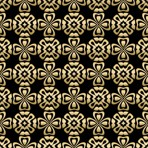 Vector illustration of Seamless pattern with golden funereal ornament on black background. Template for design in vintage style.