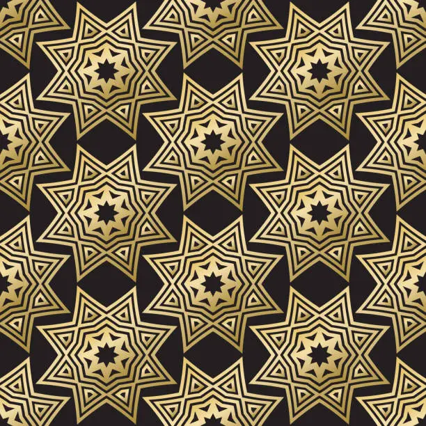 Vector illustration of Seamless pattern with starry golden ornament on black background. Template for wrapping paper design.